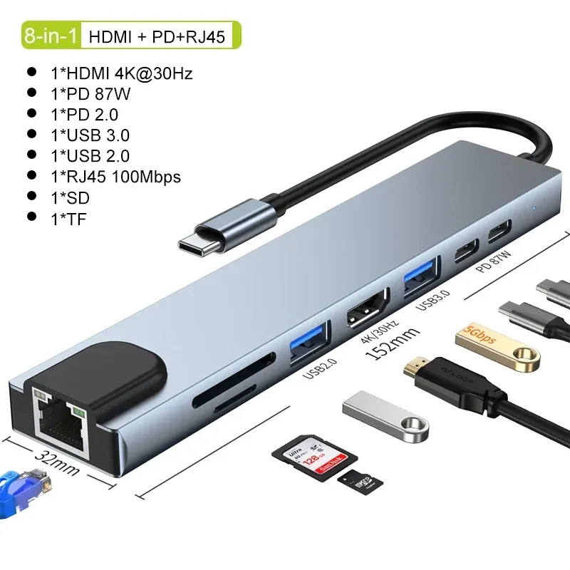 Hub USB-C 8 en 1, 7 en 2, 7 en 1 | Adaptateur USB-C 3.1 vers HDMI 4K avec lecteur de cartes RJ45 SD/TF et charge rapide PD pour MacBook et ordinateur portable