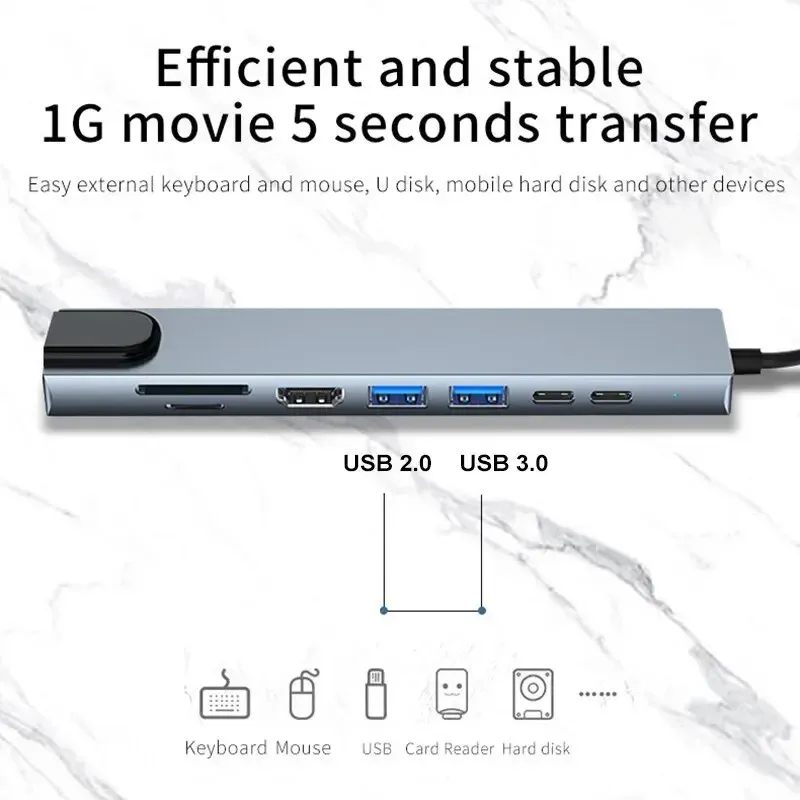 Hub USB-C 8 en 1, 7 en 2, 7 en 1 | Adaptateur USB-C 3.1 vers HDMI 4K avec lecteur de cartes RJ45 SD/TF et charge rapide PD pour MacBook et ordinateur portable 3