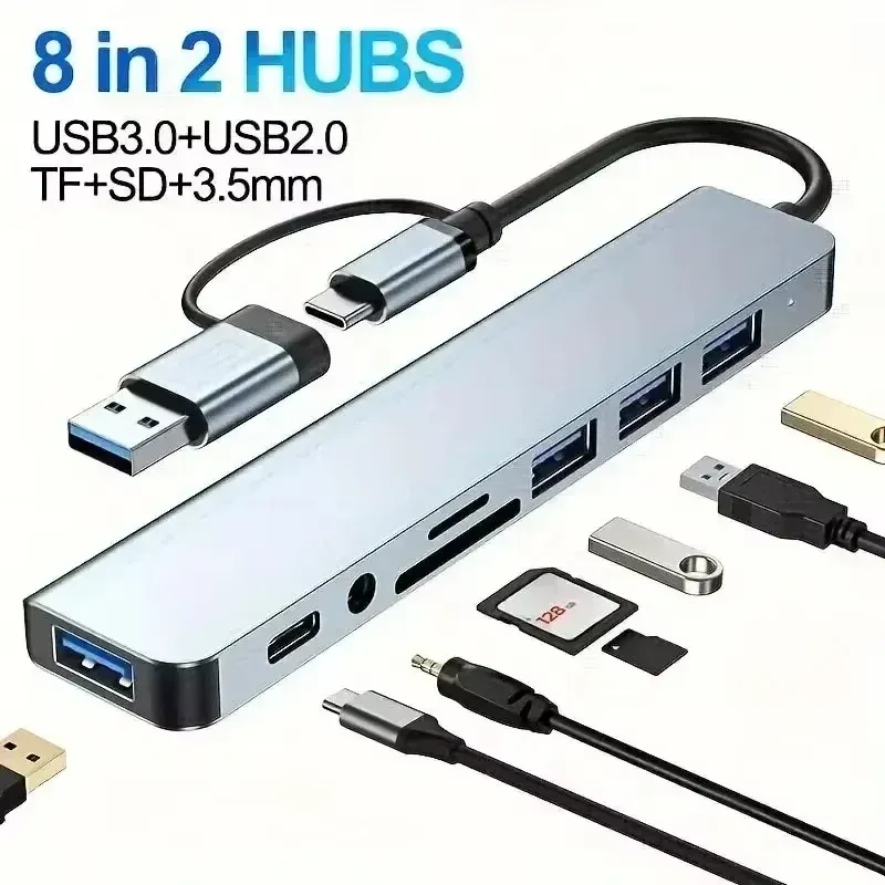 Hub USB-C 8 en 1, 7 en 2, 7 en 1 | Adaptateur USB-C 3.1 vers HDMI 4K avec lecteur de cartes RJ45 SD/TF et charge rapide PD pour MacBook et ordinateur portable 8