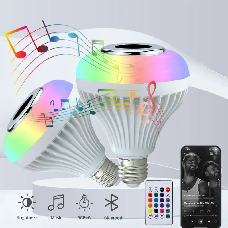 Ampoule LED RVB intelligente à haut-parleur Bluetooth, E27 12 W avec télécommande, ampoule de scène colorée à intensité variable pour la maison