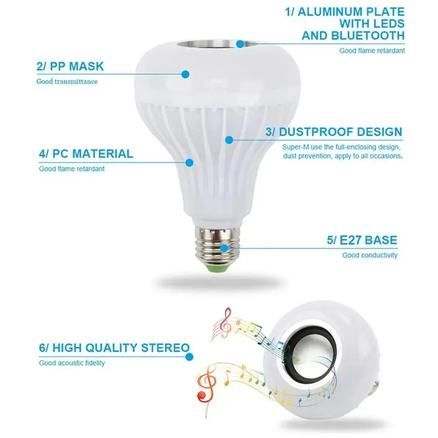 Ampoule LED RVB intelligente à haut-parleur Bluetooth, E27 12 W avec télécommande, ampoule de scène colorée à intensité variable pour la maison 4