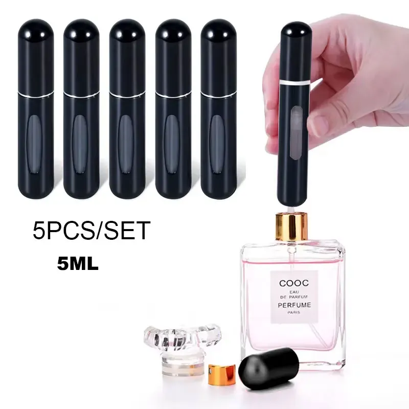 Mini flacon de parfum rechargeable de 5 ml avec vaporisateur, pompe et contenant cosmétique, format voyage, lot de 5 - Image 1
