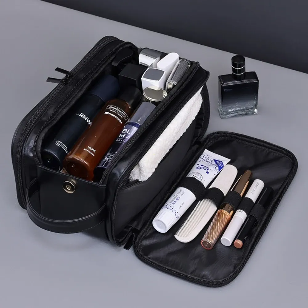 Trousse de toilette de voyage multi-poches en PU pour femmes et hommes, imperméable et suspendable 4