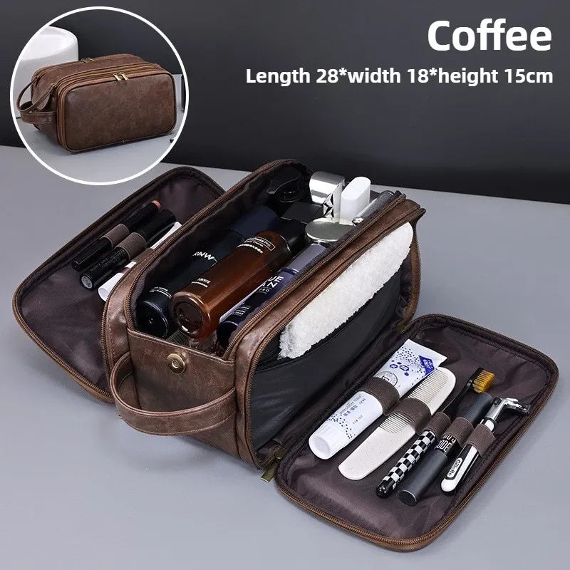 Trousse de toilette de voyage multi-poches en PU pour femmes et hommes, imperméable et suspendable 7