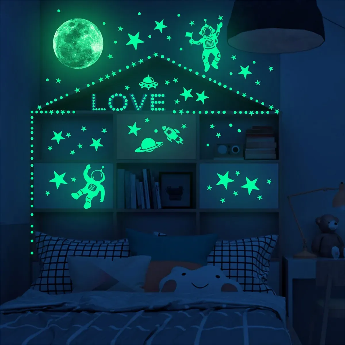 Stickers muraux lune et étoiles phosphorescents Shoous pour chambre d'enfant, brillent dans le noir 2