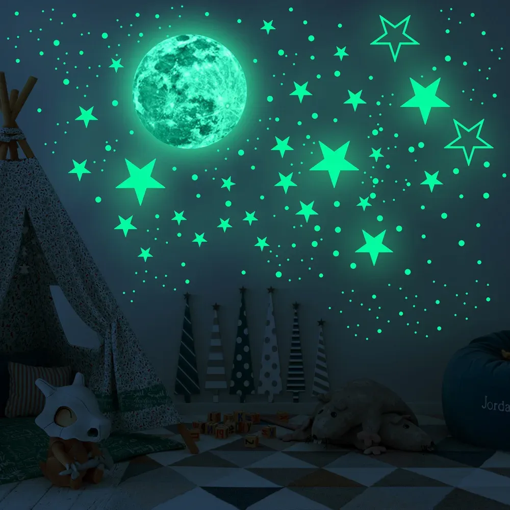 Stickers muraux lune et étoiles phosphorescents Shoous pour chambre d'enfant, brillent dans le noir 4