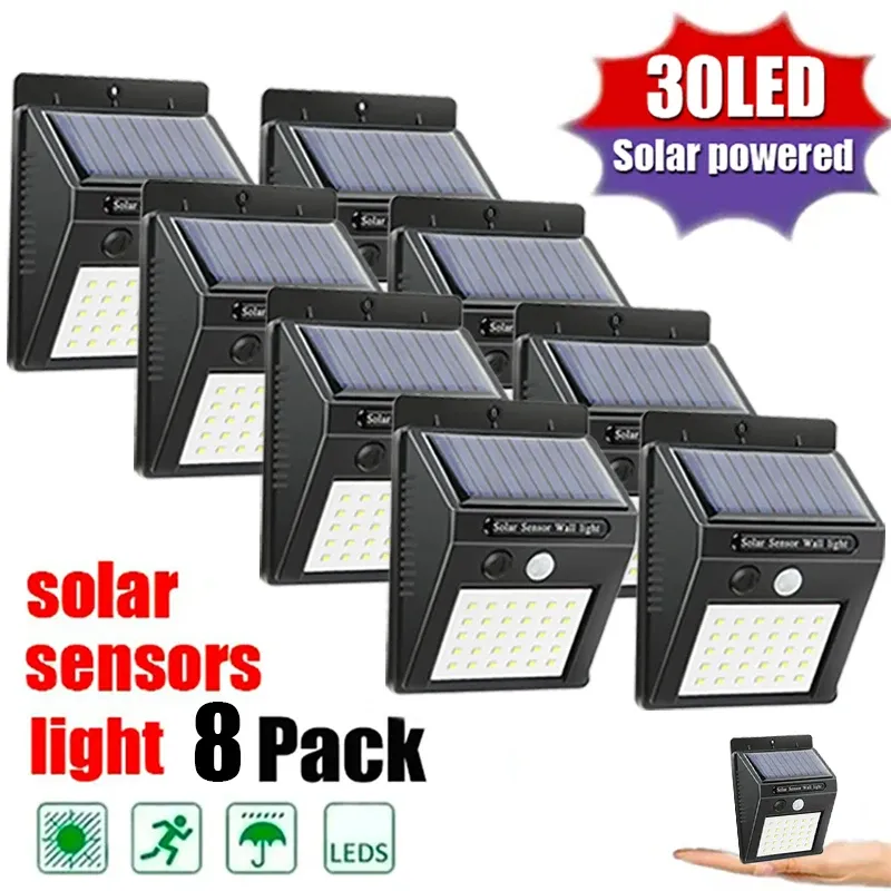 Applique murale solaire LED avec capteur de mouvement PIR, étanche, pour extérieur, 6 LED / 30 LED