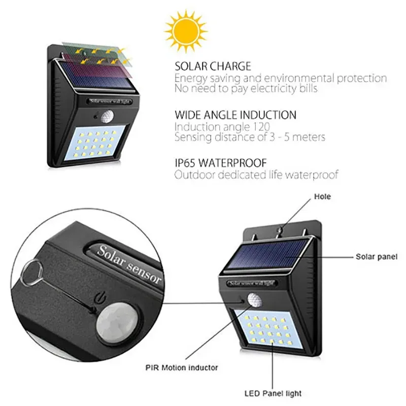Applique murale solaire LED avec capteur de mouvement PIR, étanche, pour extérieur, 6 LED / 30 LED 3