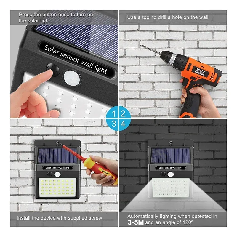 Applique murale solaire LED avec capteur de mouvement PIR, étanche, pour extérieur, 6 LED / 30 LED 6