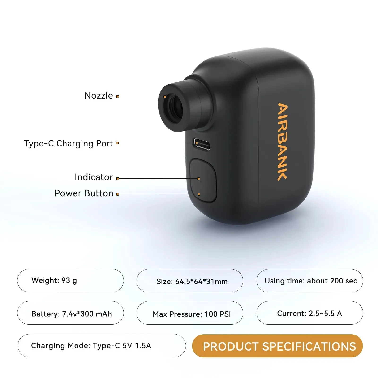 Mini pompe à vélo portable rechargeable, 100 PSI, 5 V, USB-C, pour valves Schrader et Presta, AS100 6