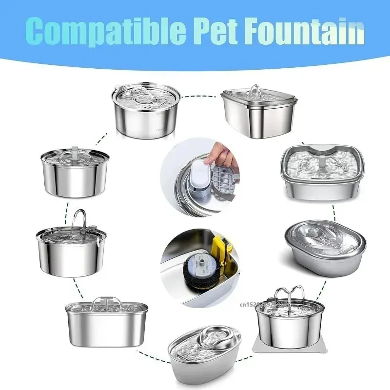 Filtres en éponge de charbon actif pour fontaine à eau pour chat, lot de 6, 8, 12 ou 15 pièces, compatible distributeur d'eau en acier inoxydable 6