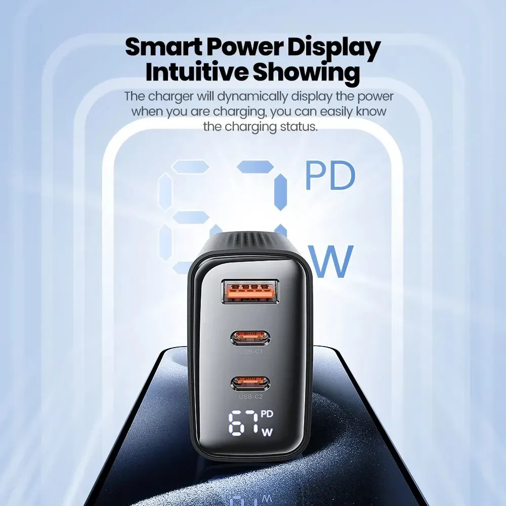 Chargeur USB Type C GaN 67 W à affichage numérique Toocki, compatible PD, PPS et QC 4.0, charge rapide 65 W et 45 W pour MacBook, ordinateur portable, iPad, tablette et iPhone 15 et 14 2