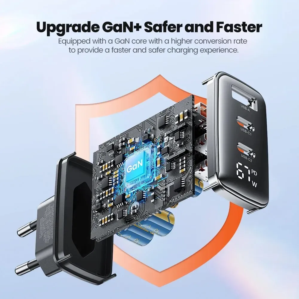 Chargeur USB Type C GaN 67 W à affichage numérique Toocki, compatible PD, PPS et QC 4.0, charge rapide 65 W et 45 W pour MacBook, ordinateur portable, iPad, tablette et iPhone 15 et 14 3