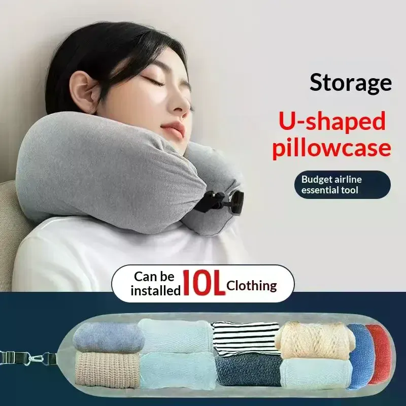Coussin de voyage en forme de U en polaire cristalline avec sac de rangement pour vêtements, idéal pour les voyages en avion