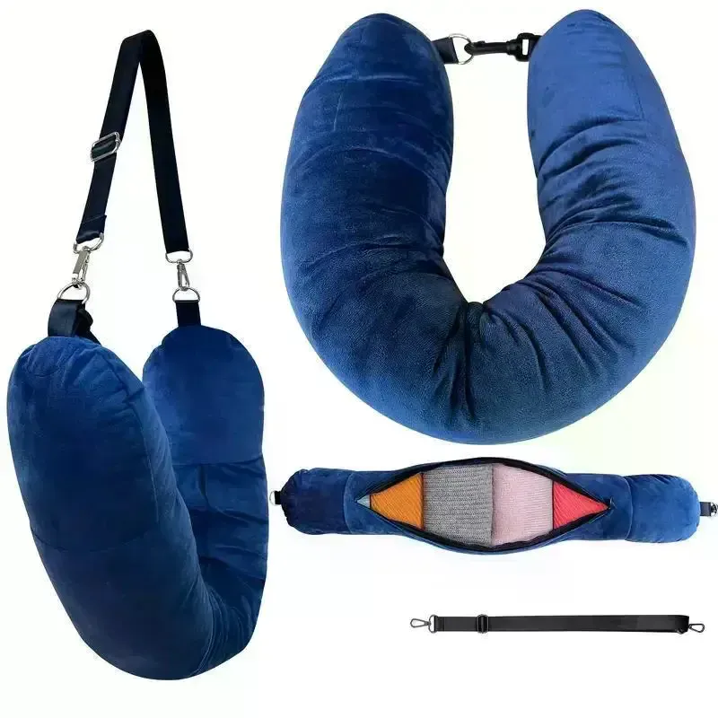Coussin de voyage en forme de U en polaire cristalline avec sac de rangement pour vêtements, idéal pour les voyages en avion 3