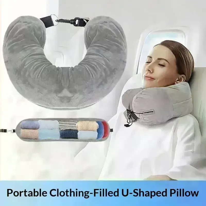 Coussin de voyage en forme de U en polaire cristalline avec sac de rangement pour vêtements, idéal pour les voyages en avion 4