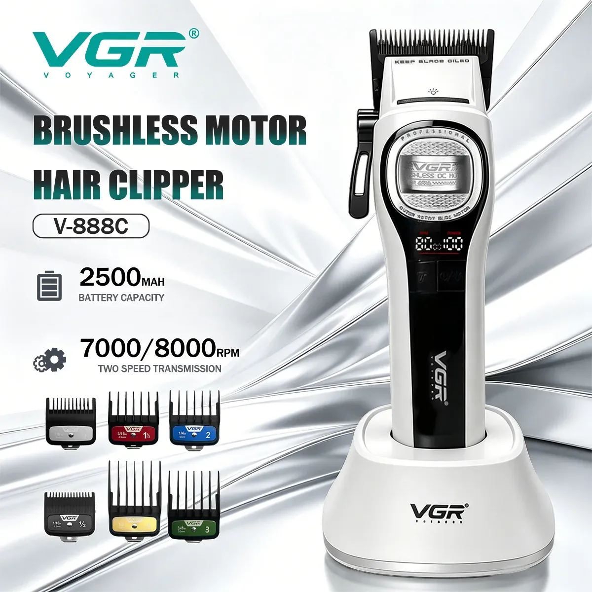 Tondeuse professionnelle sans fil pour hommes VGR V-888C, moteur BLDC à rotor externe, lame en métal