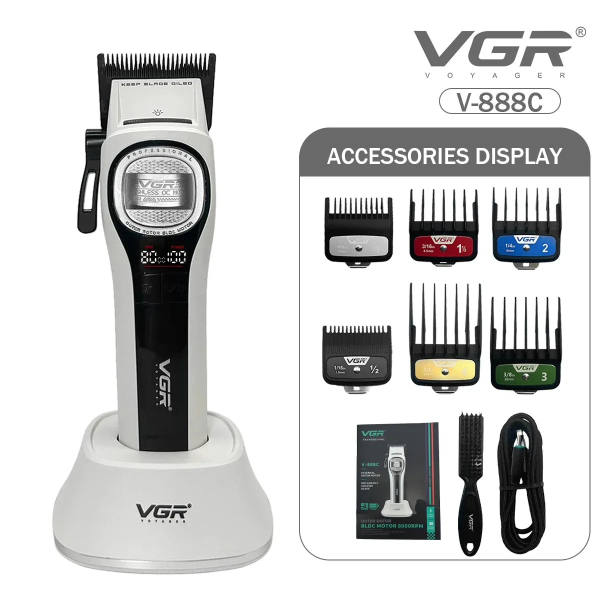 Tondeuse professionnelle sans fil pour hommes VGR V-888C, moteur BLDC à rotor externe, lame en métal 7