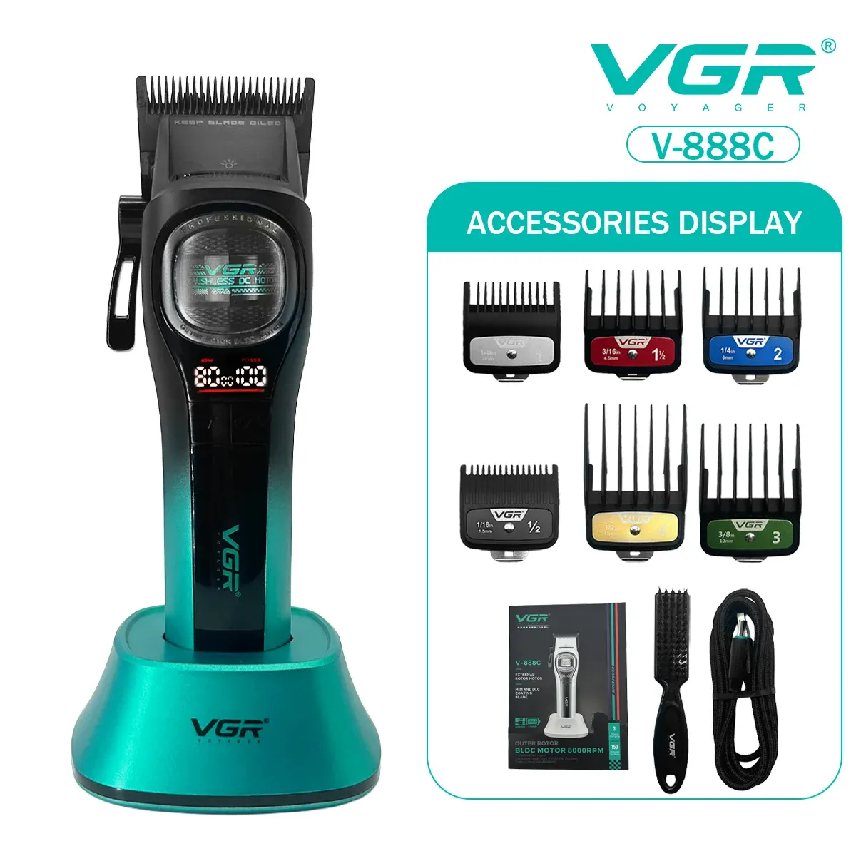 Tondeuse professionnelle sans fil pour hommes VGR V-888C, moteur BLDC à rotor externe, lame en métal 8