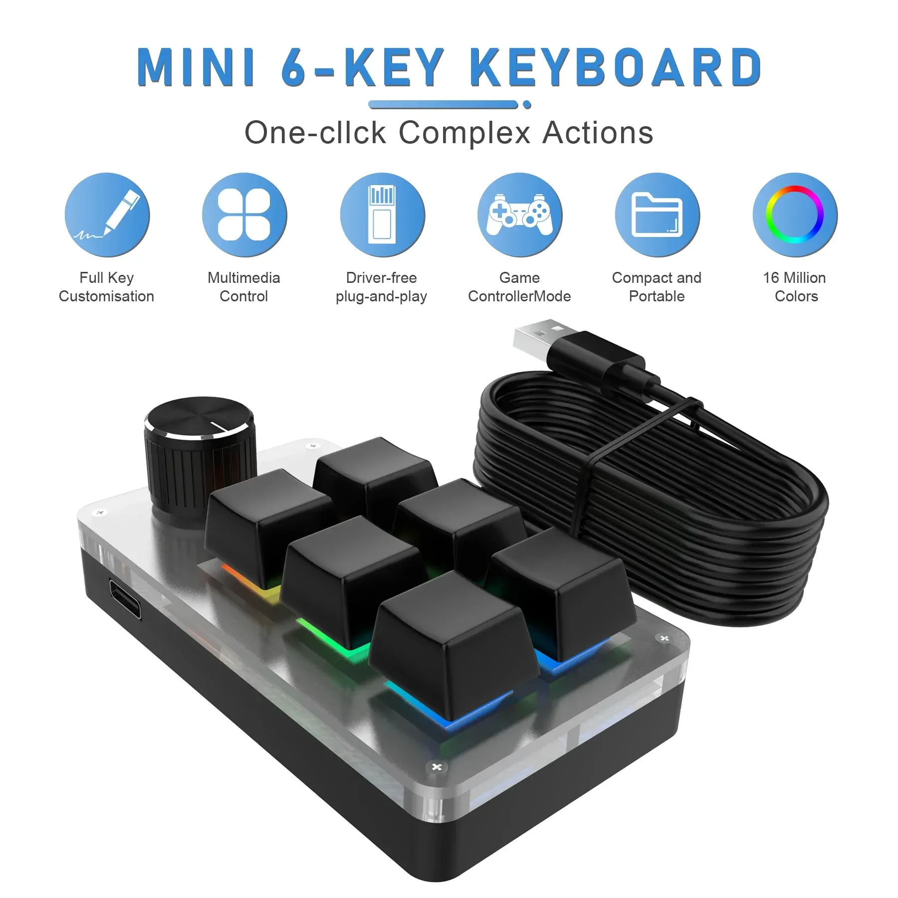 Clavier macro mécanique USB à 6 touches et mini clavier RVB pour Photoshop, clavier de jeu personnalisé avec bouton de programmation 4