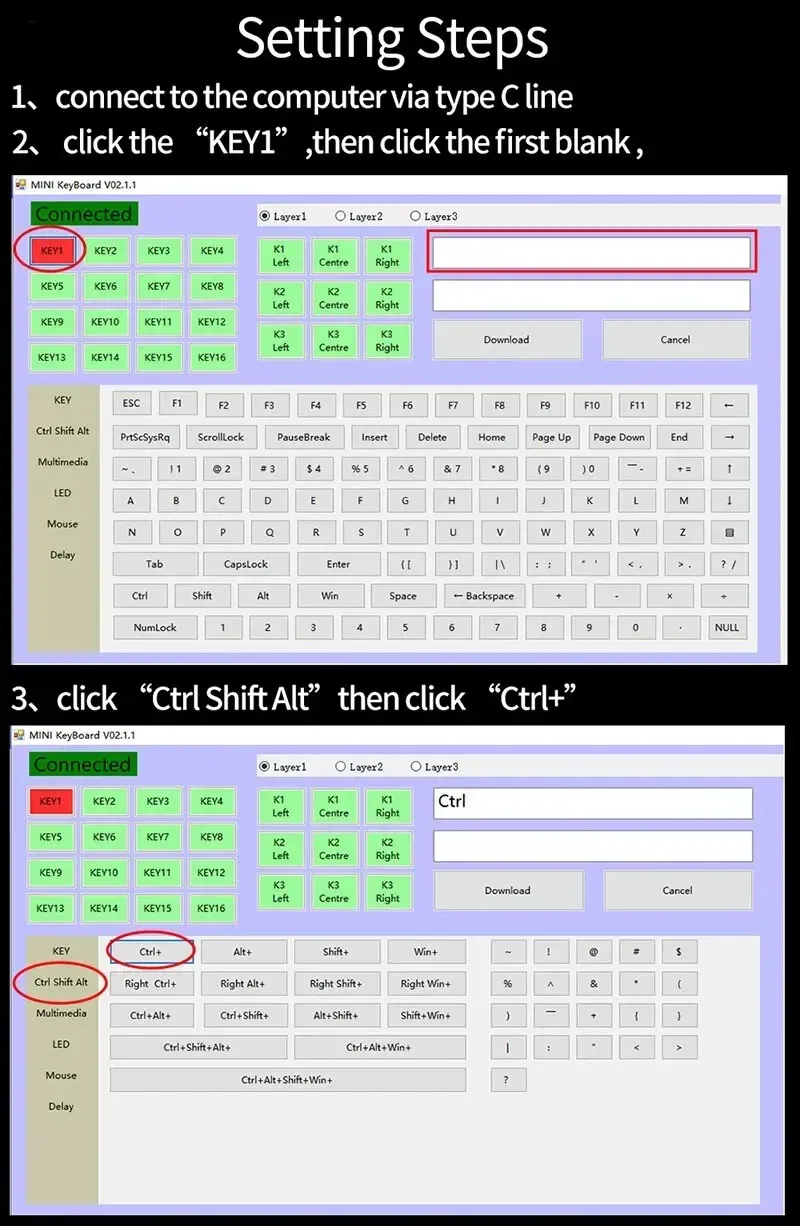 Interface de personnalisation des touches, étape 2