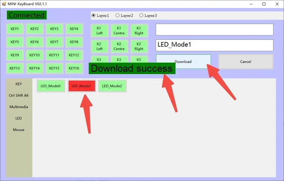 Aperçu du modèle LED 1 avec touche pressée mise en évidence