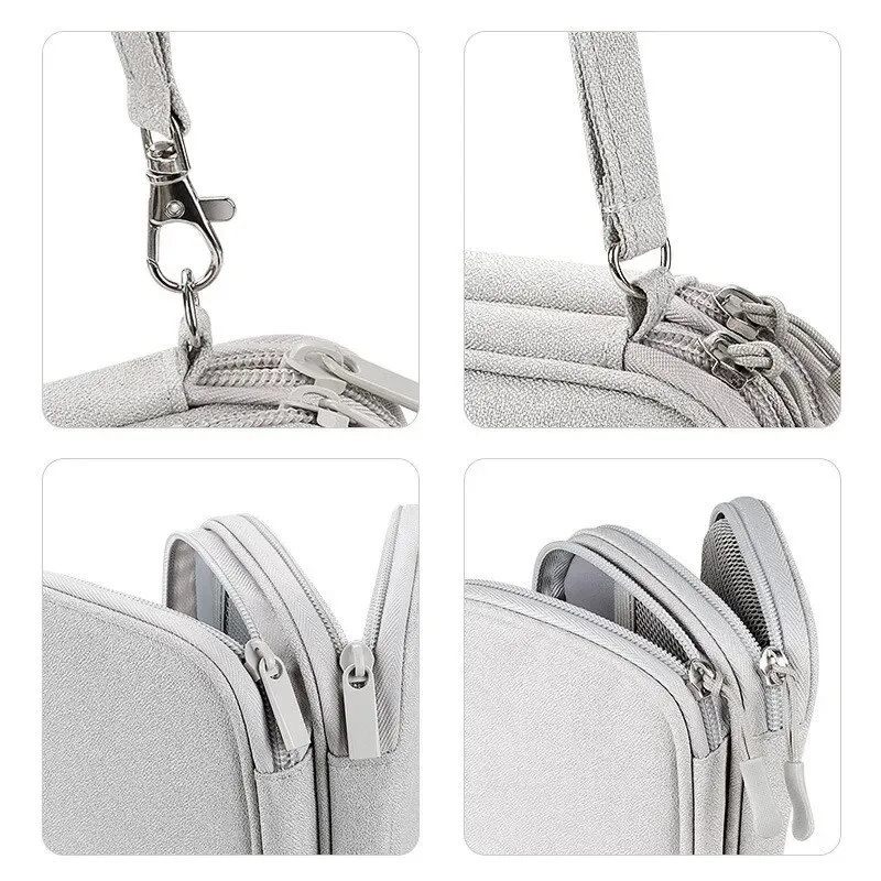 Sac de rangement portable pour appareils numériques et accessoires de voyage, avec câbles USB, casque et boîtier de charge. Disponible en rose, gris, noir et bleu marine. 4