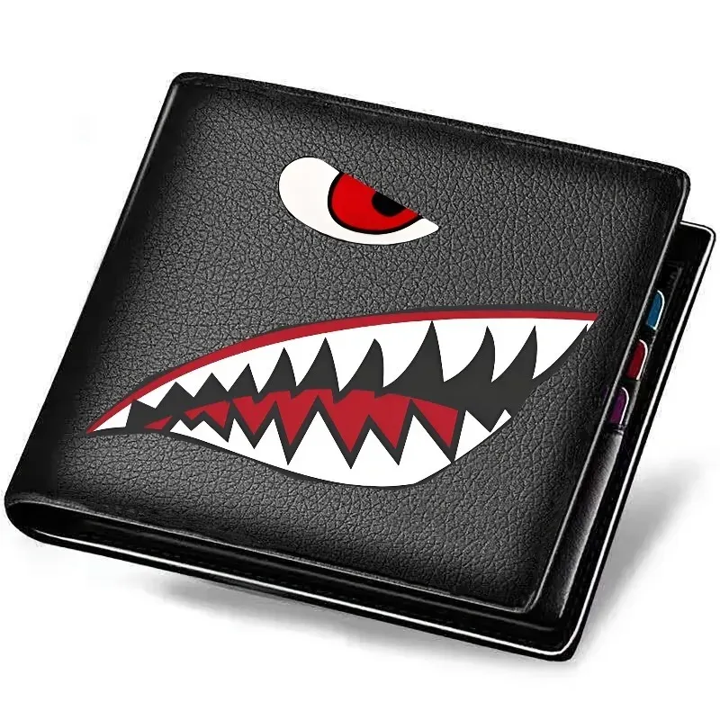 Portefeuille en simili cuir noir pour homme avec fermeture requin, fin, porte-cartes et porte-monnaie 1