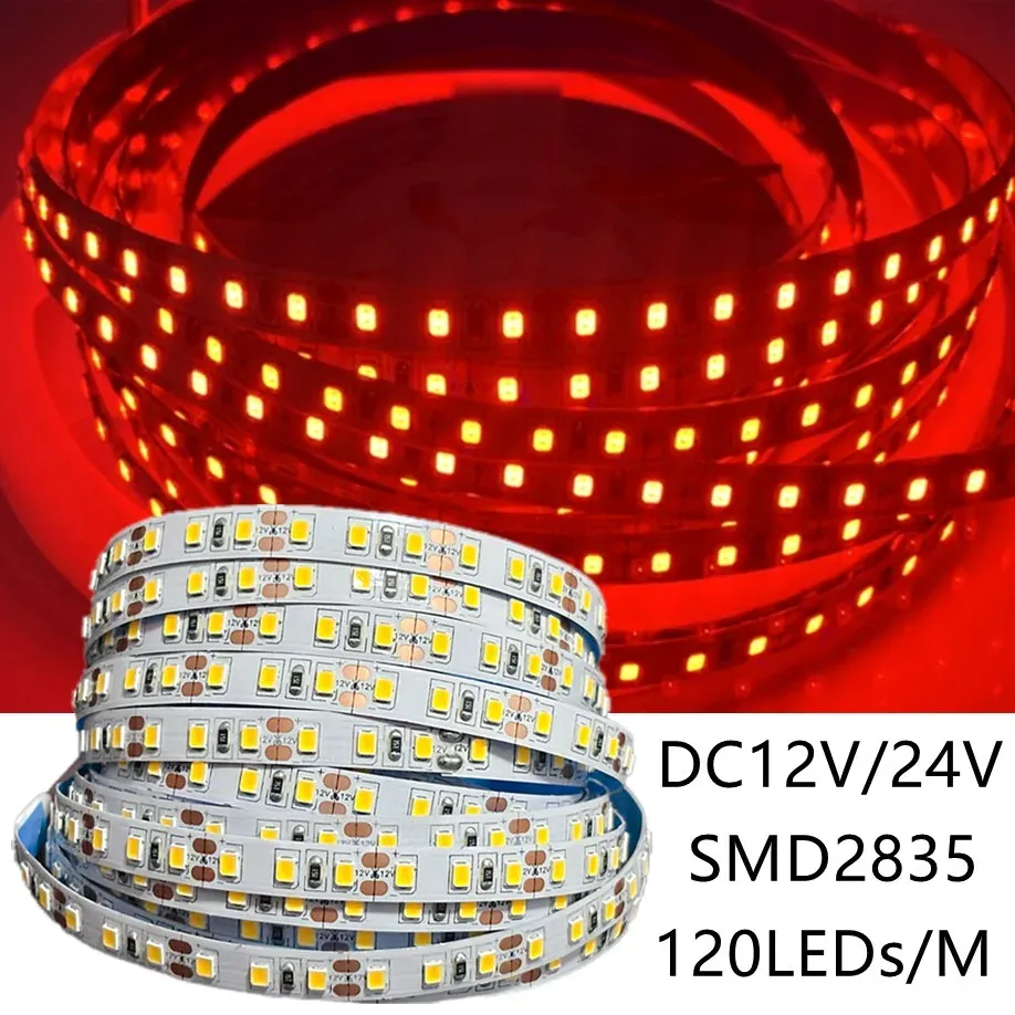 Bande LED 2835 DC12V 120 LED/m, ruban lumineux flexible et découpable pour décoration intérieure, disponible en rouge, bleu, vert, jaune, rose et glace