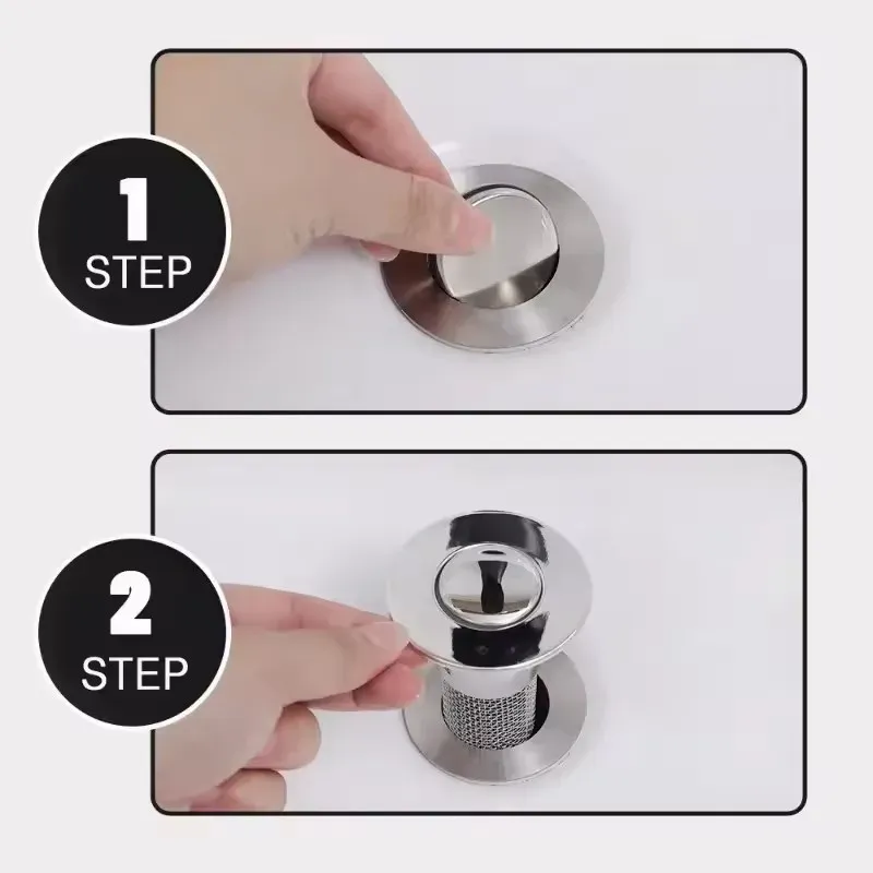 Bouchon de vidange universel à rebond avec filtre chromé et attrape-cheveux pour lavabo et évier 3