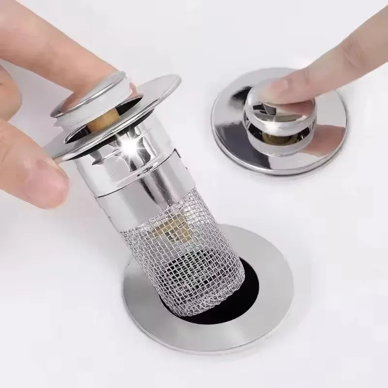 Bouchon de vidange universel à rebond avec filtre chromé et attrape-cheveux pour lavabo et évier 6