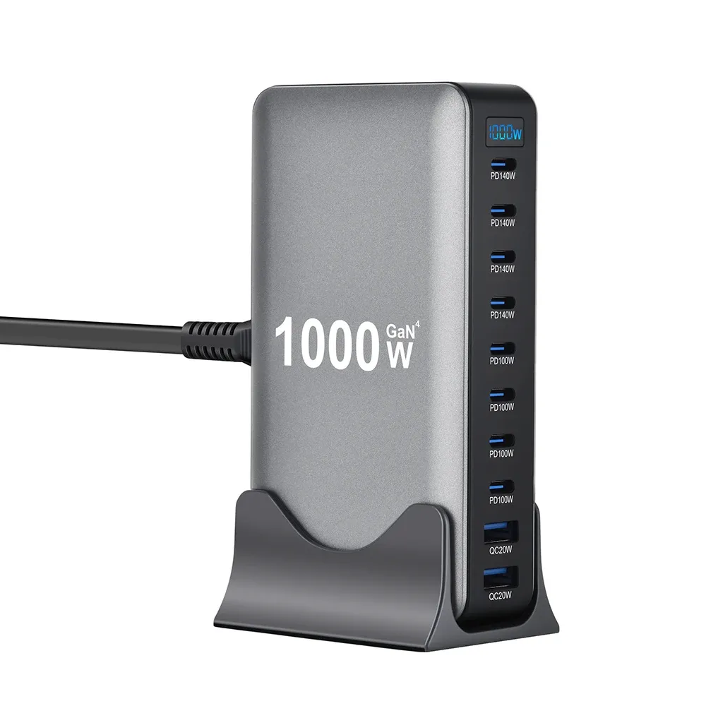 Chargeur GaN 1000 W USB-C de bureau à charge rapide, 10 ports, USB-C PD 3.1, compatible iPhone 17/16/15, Samsung S24, Xiaomi et ordinateur portable 1