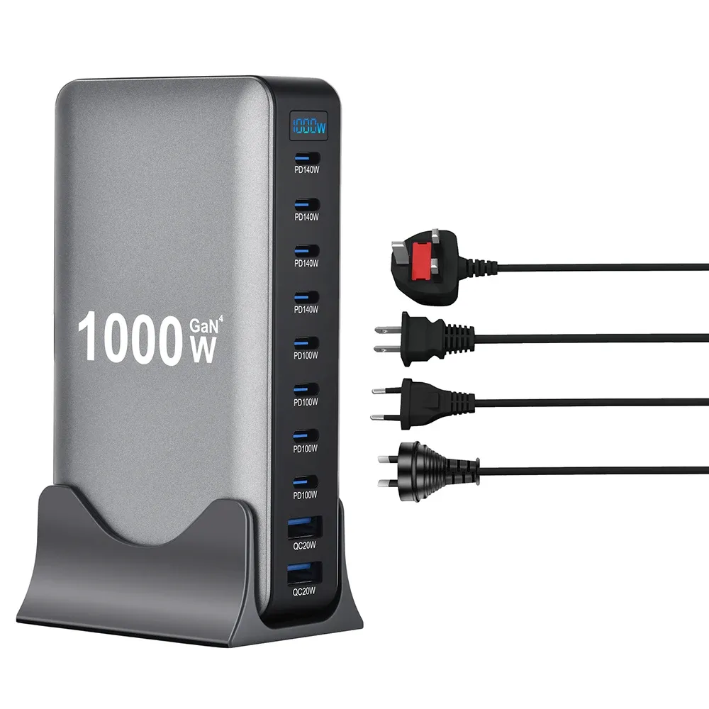 Chargeur GaN 1000 W USB-C de bureau à charge rapide, 10 ports, USB-C PD 3.1, compatible iPhone 17/16/15, Samsung S24, Xiaomi et ordinateur portable 4