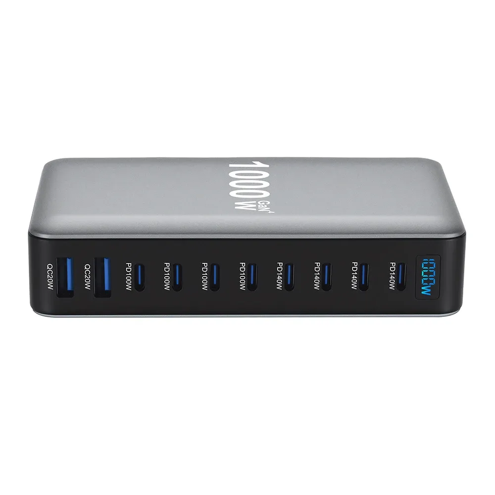 Chargeur GaN 1000 W USB-C de bureau à charge rapide, 10 ports, USB-C PD 3.1, compatible iPhone 17/16/15, Samsung S24, Xiaomi et ordinateur portable 5