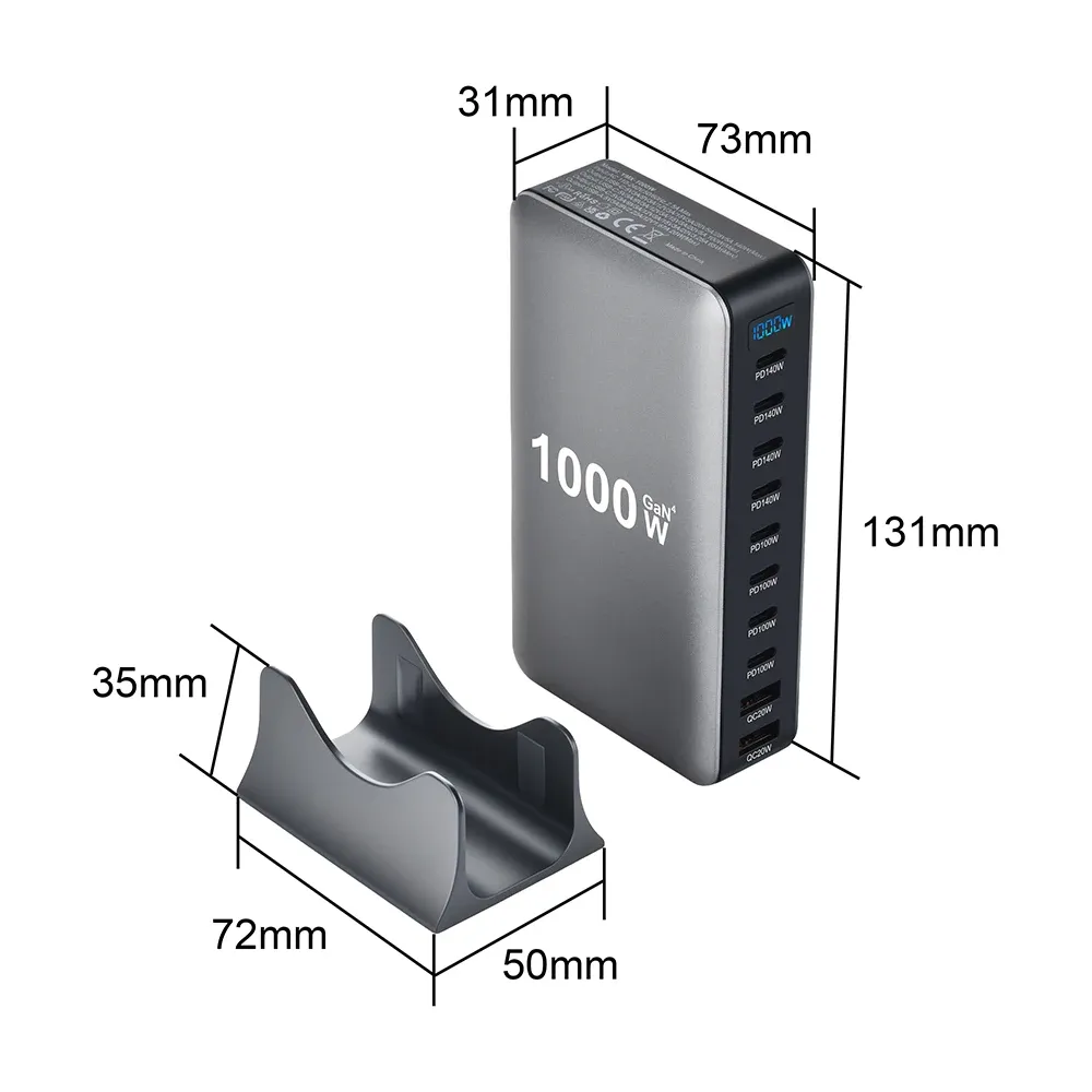 Chargeur GaN 1000 W USB-C de bureau à charge rapide, 10 ports, USB-C PD 3.1, compatible iPhone 17/16/15, Samsung S24, Xiaomi et ordinateur portable 6