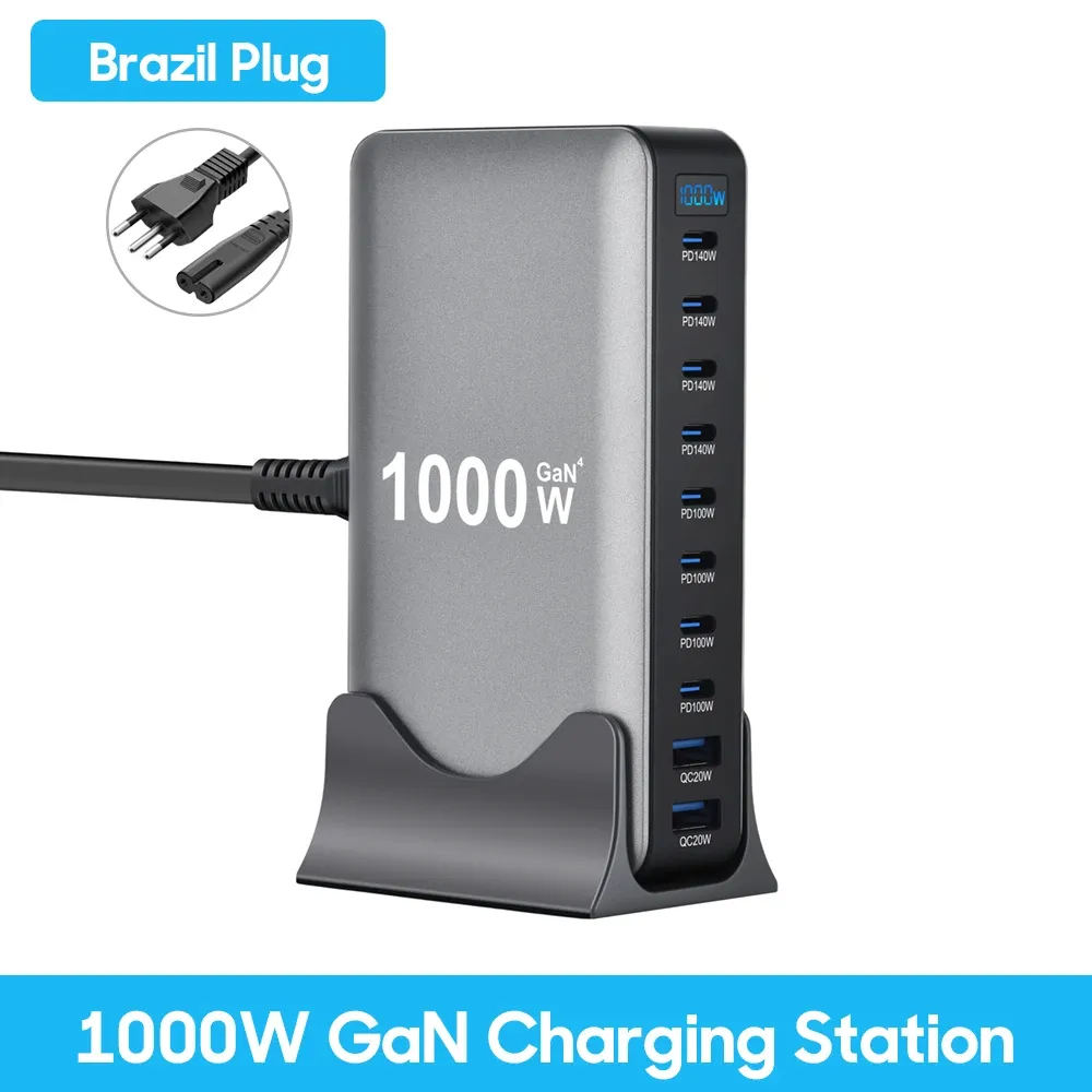 Chargeur GaN 1000 W USB-C de bureau à charge rapide, 10 ports, USB-C PD 3.1, compatible iPhone 17/16/15, Samsung S24, Xiaomi et ordinateur portable 10