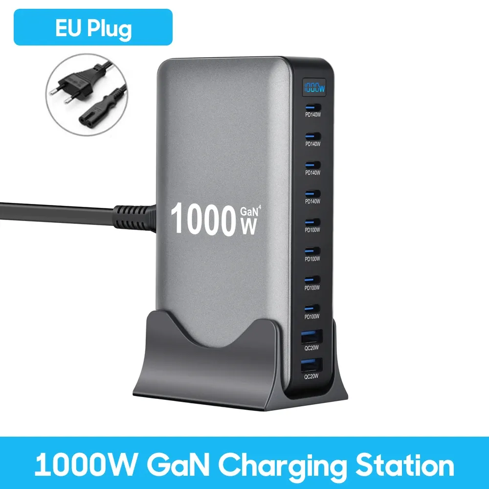Chargeur GaN 1000 W USB-C de bureau à charge rapide, 10 ports, USB-C PD 3.1, compatible iPhone 17/16/15, Samsung S24, Xiaomi et ordinateur portable 13