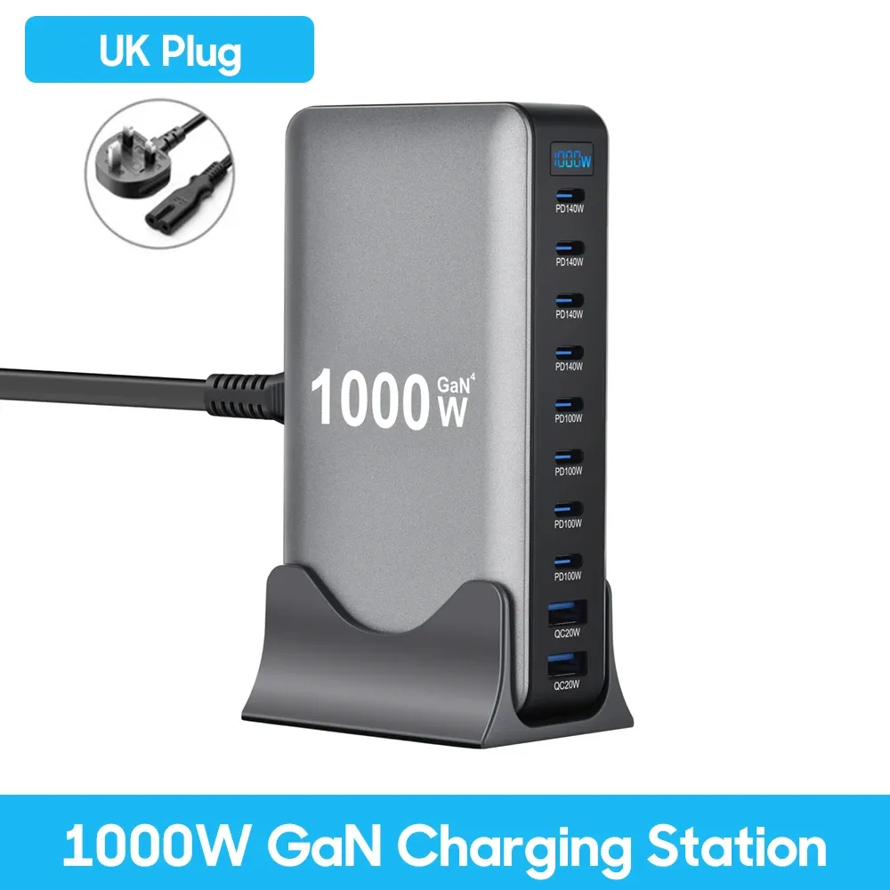 Chargeur GaN 1000 W USB-C de bureau à charge rapide, 10 ports, USB-C PD 3.1, compatible iPhone 17/16/15, Samsung S24, Xiaomi et ordinateur portable 11