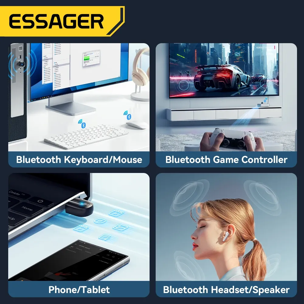 Adaptateur USB Bluetooth 5.3 Essager, récepteur audio AUX, émetteur pour PC, haut-parleur, ordinateur portable, boîte de son, souris sans fil, émetteur USB 4