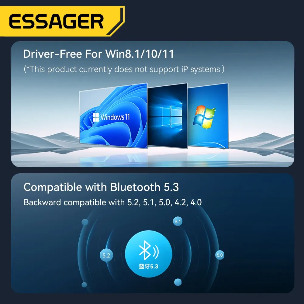 Adaptateur USB Bluetooth 5.3 Essager, récepteur audio AUX, émetteur pour PC, haut-parleur, ordinateur portable, boîte de son, souris sans fil, émetteur USB 5