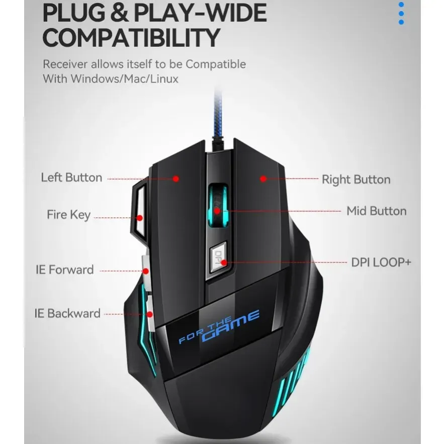 Souris de jeu filaire USB ergonomique RVB rétroéclairée, 7 boutons, pour PC et ordinateur portable 6