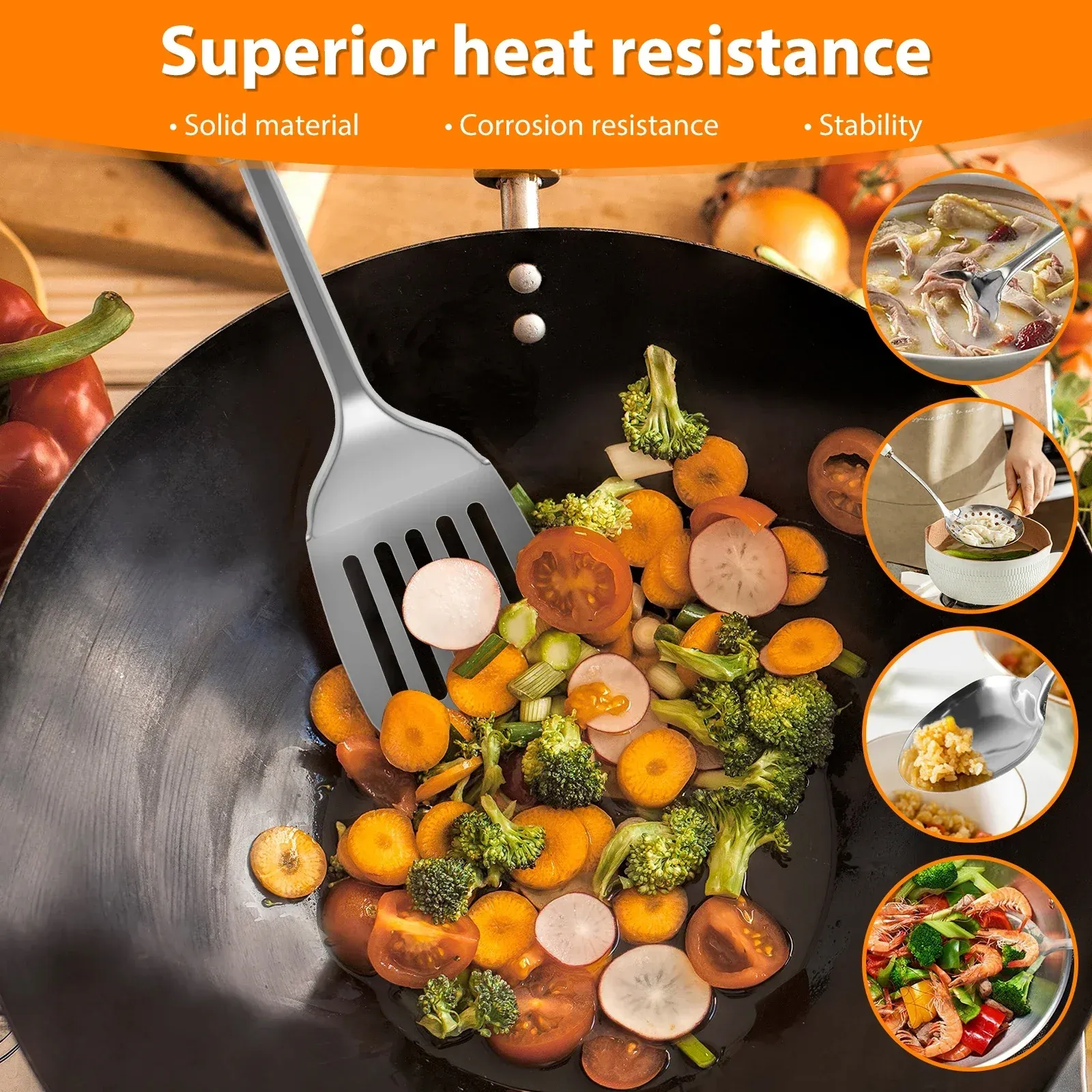 Ensemble d'ustensiles de cuisine en acier inoxydable 5 pièces, avec spatule à poignée ergonomique 3
