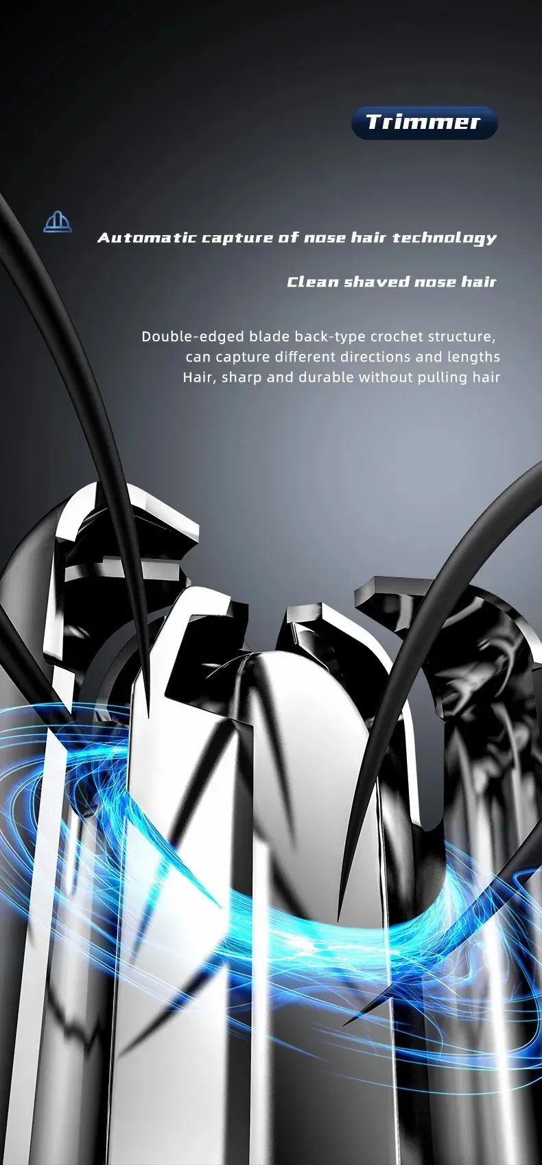 Tondeuse électrique noire, vue détaillée de la tête de coupe