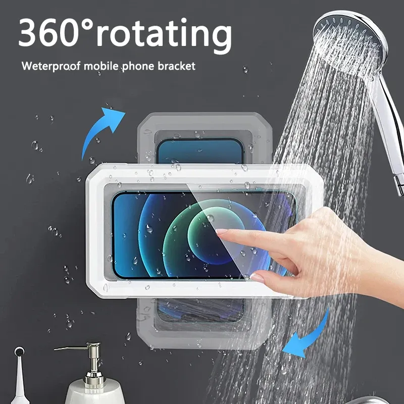 Support de téléphone mural étanche à rotation 360° pour salle de bain, douche et maison, avec écran tactile auto-adhésif