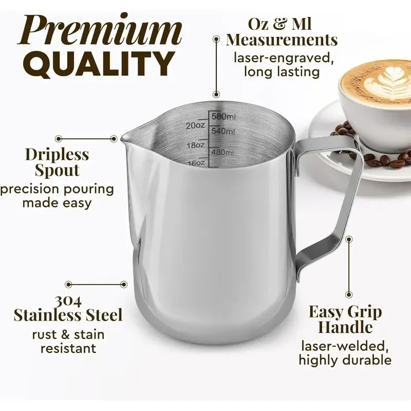 Pichet à mousse de lait en acier inoxydable 350/600/1000 ml avec échelle graduée, pour tasses à expresso et latte 3