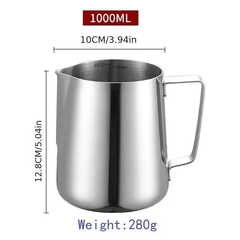 Pichet à mousse de lait en acier inoxydable 350/600/1000 ml avec échelle graduée, pour tasses à expresso et latte 7