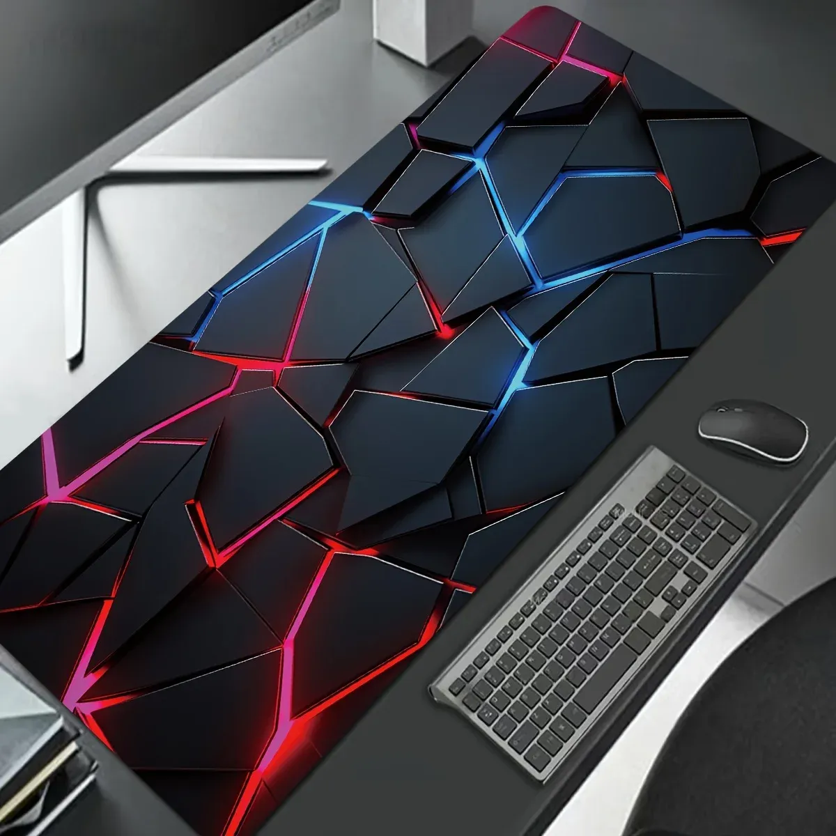 Grand tapis de souris gaming 90x40 cm, design dégradé rouge et bleu, base antidérapante, bordure cousue en caoutchouc, tapis de bureau pour gamers et usage professionnel 12