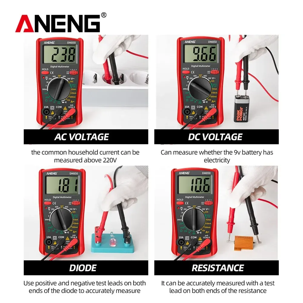 Multimètre numérique DM850 ANENG AC/DC professionnel, 1999 points, testeur de tension, ohmmètre et ampèremètre à plage automatique 3