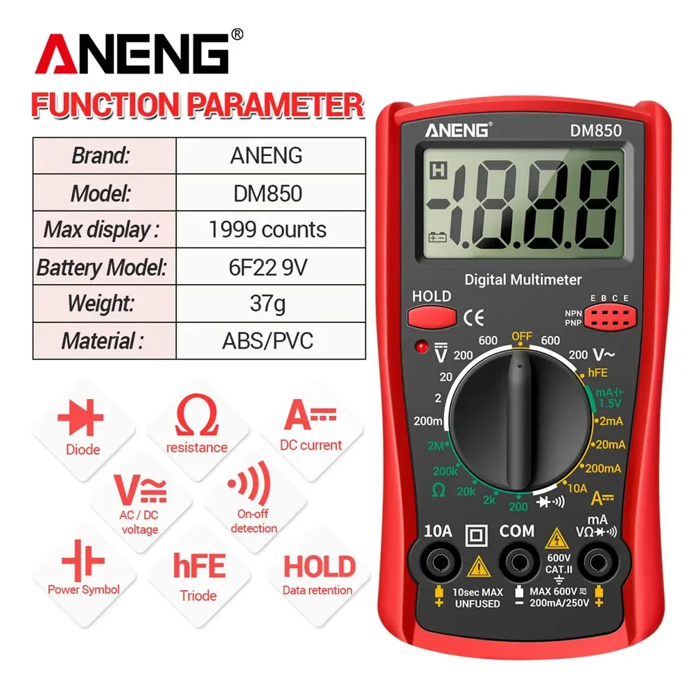 Multimètre numérique DM850 ANENG AC/DC professionnel, 1999 points, testeur de tension, ohmmètre et ampèremètre à plage automatique 6
