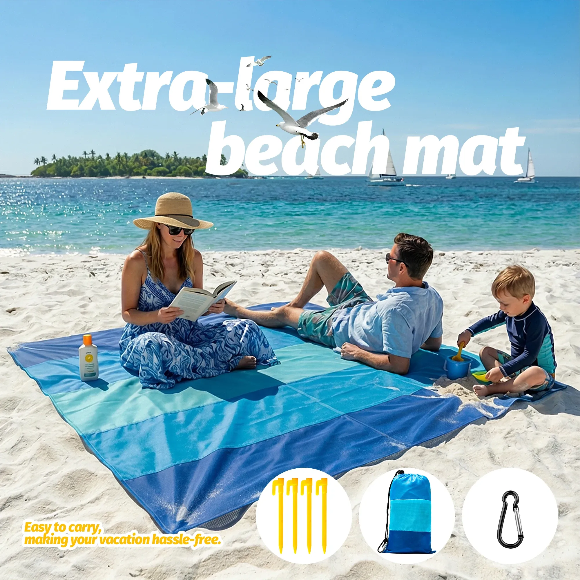 Tapis de plage imperméable et anti-sable à séchage rapide, grand format, avec 4 piquets 2